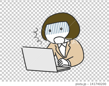 一位身穿西裝（圓臉）的女士臉色蒼白地坐在電腦前。 141740200
