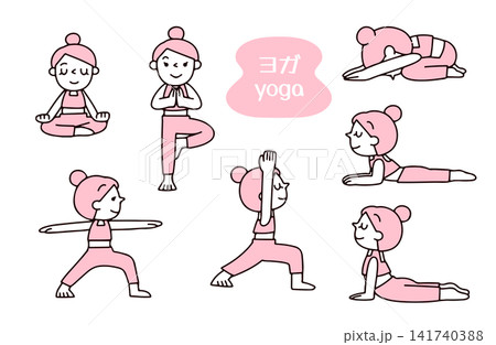 さまざまなヨガのポーズをする若い女性のイラストセット 141740388