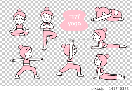 さまざまなヨガのポーズをする若い女性のイラストセット 141740388