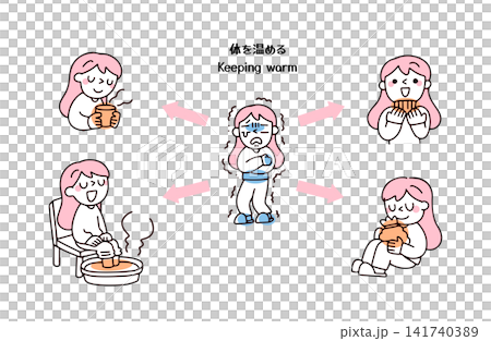 冷え症に苦しむ若い女性と体を温める温活の方法イラストセット 141740389
