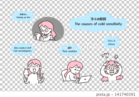 一組描繪年輕女性做著令人感到冷漠的事情的插圖。 141740391