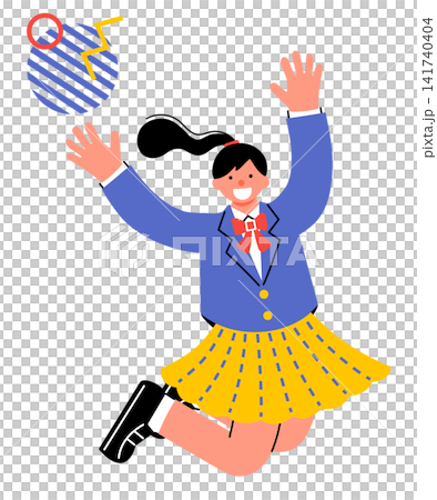 A pop and colorful illustration of a female student jumping with joy 141740404