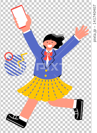 一幅色彩鮮豔的流行插圖,描繪的是一位女學生高興地高舉著她的智慧型手機。 一幅色彩鮮豔的流行插圖,描繪的是一位女學生高興地高舉著她的智慧型手機。 141740407