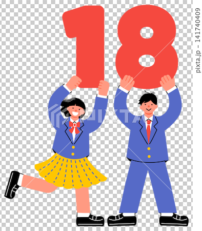 一幅色彩鮮豔的流行插畫,描繪了一位女生和一位男生舉著數字“18” 一幅色彩鮮豔的流行插畫,描繪了一位女生和一位男生舉著數字“18” 141740409