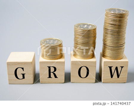 木のブロックとGROWと小銭のイメージ 木のブロックとGROWと小銭のイメージ 141740437