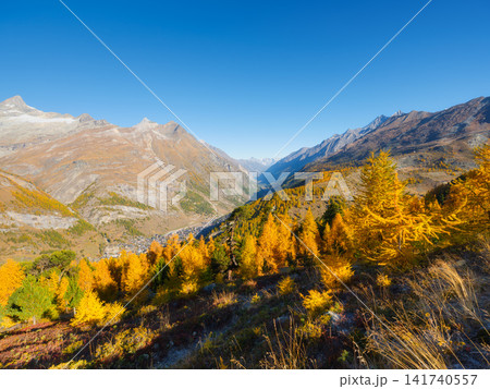 Mountain range above a colorful autumn forest on a clear day. 141740557
