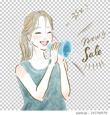 Illustration of a woman using a megaphone to advertise a sale; Summer sale event 141740570