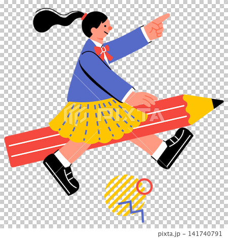 一幅色彩鮮豔的流行插圖，描繪的是一名女學生站在一支大鉛筆上，指向前方 141740791