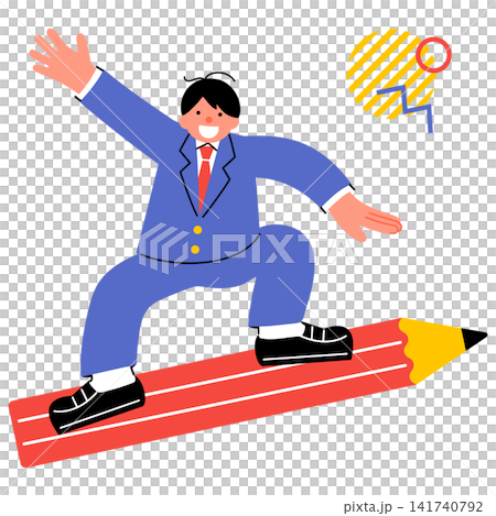 一個流行且色彩鮮豔的插圖，描繪了一個男學生像衝浪一樣騎著一支大鉛筆 141740792