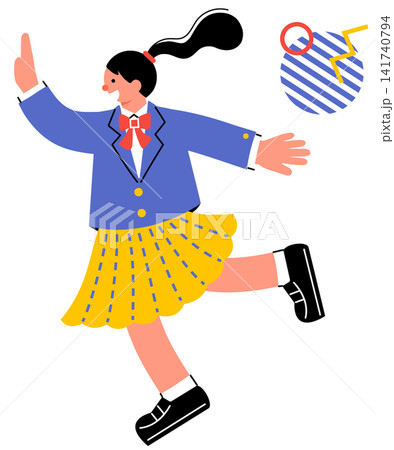 ジャンプして喜んでいる女子学生のポップでカラフルなイラスト ジャンプして喜んでいる女子学生のポップでカラフルなイラスト 141740794