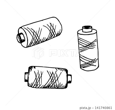 Simple vector drawing of a black outline on a white background. Set of threads, bobbins, spools. Sewing supplies, needlework, hobbies. Simple vector drawing of a black outline on a white background. Set of threads, bobbins, spools. Sewing supplies, needlework, hobbies. 141740861