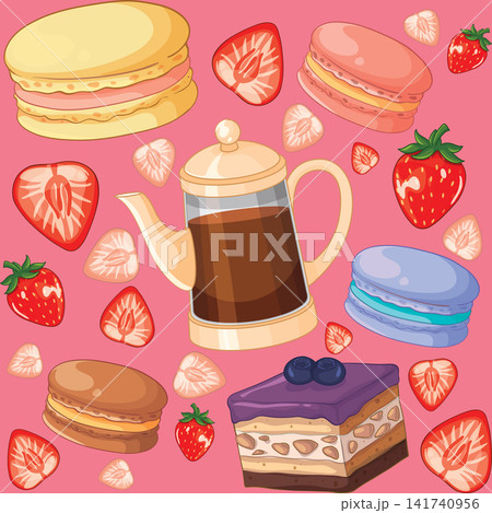Seamless Vector Pattern with French Macarons Coffee and Fresh Strawberries Seamless Vector Pattern with French Macarons Coffee and Fresh Strawberries 141740956