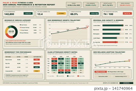 Annual Fitness Business Performance Dashboard with Financial Metrics and Growth Charts Annual Fitness Business Performance Dashboard with Financial Metrics and Growth Charts 141740964