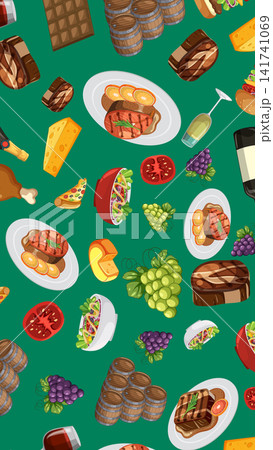 Seamless Vector Pattern of Italian Food and Wine on Green Background Seamless Vector Pattern of Italian Food and Wine on Green Background 141741069