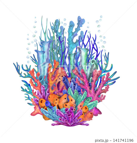 Vibrant watercolor coral reef island composition with colorful branching corals, sea plants and sandy seabed. Bright tropical underwater illustration for branding, invitations, posters, packaging 141741196