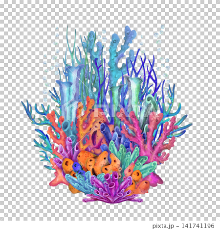 Vibrant watercolor coral reef island composition with colorful branching corals, sea plants and sandy seabed. Bright tropical underwater illustration for branding, invitations, posters, packaging 141741196