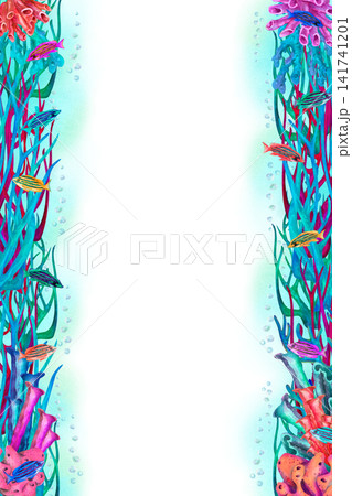 Vertical watercolor frame with colorful tropical corals arranged along both sides, large clean center for text. Bright marine border for invitations, menus, posters, certificates, branding, packaging Vertical watercolor frame with colorful tropical corals arranged along both sides, large clean center for text. Bright marine border for invitations, menus, posters, certificates, branding, packaging 141741201