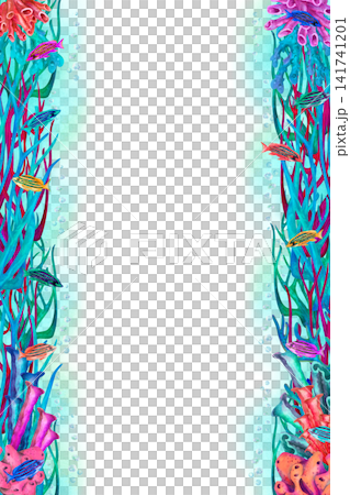 Vertical watercolor frame with colorful tropical corals arranged along both sides, large clean center for text. Bright marine border for invitations, menus, posters, certificates, branding, packaging Vertical watercolor frame with colorful tropical corals arranged along both sides, large clean center for text. Bright marine border for invitations, menus, posters, certificates, branding, packaging 141741201