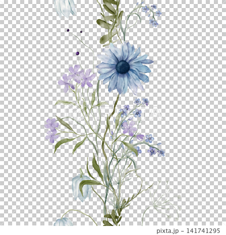 Vertical Banner watercolor illustration with violet wildflower botanical. Seamless border with hand drawn illustration phlox, cornflower, fritillary, echinacea, daisy, chamomile on isolated background Vertical Banner watercolor illustration with violet wildflower botanical. Seamless border with hand drawn illustration phlox, cornflower, fritillary, echinacea, daisy, chamomile on isolated background 141741295