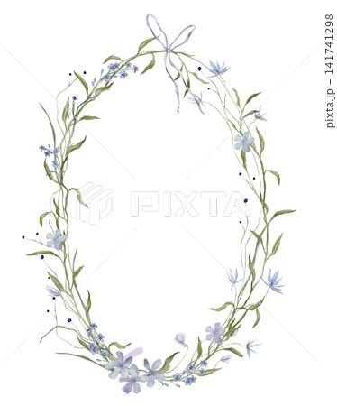Floral wreath with bluebell flowers and wild plants. Hand drawn watercolor illustration frame with light blue flowers and green foliage. Botanical design with delicate ribbon bow at top. Floral wreath with bluebell flowers and wild plants. Hand drawn watercolor illustration frame with light blue flowers and green foliage. Botanical design with delicate ribbon bow at top. 141741298
