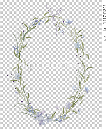 Floral wreath with bluebell flowers and wild plants. Hand drawn watercolor illustration frame with light blue flowers and green foliage. Botanical design with delicate ribbon bow at top. Floral wreath with bluebell flowers and wild plants. Hand drawn watercolor illustration frame with light blue flowers and green foliage. Botanical design with delicate ribbon bow at top. 141741298