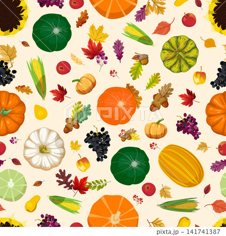 This vibrant and charming seamless pattern vector features a rich collection of autumn harvest elements including ripe pumpkins, golden maple and oak leaves, sunflowers, grapes, acorns, corn cobs, and This vibrant and charming seamless pattern vector features a rich collection of autumn harvest elements including ripe pumpkins, golden maple and oak leaves, sunflowers, grapes, acorns, corn cobs, and 141741387