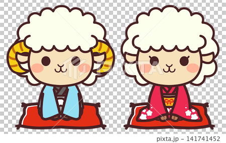 着物を着た羊のかわいいキャラクター　男女　イラスト素材 141741452