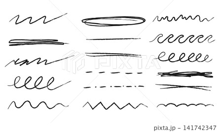 Hand drawn pencil lines and squiggles set. Vector charcoal smears, striketrhoughs and swirls. Doodle style sketchy lines. Horizontal wavy strokes collection. Scratchy strokes with rough edges. 141742347