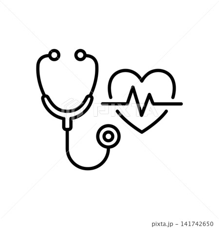 Minimalist line icon featuring a stethoscope combined with a heartbeat rhythm line, representing routine medical checkups, vital signs monitoring, and heart health diagnostics. Minimalist line icon featuring a stethoscope combined with a heartbeat rhythm line, representing routine medical checkups, vital signs monitoring, and heart health diagnostics. 141742650