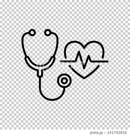 Minimalist line icon featuring a stethoscope combined with a heartbeat rhythm line, representing routine medical checkups, vital signs monitoring, and heart health diagnostics. Minimalist line icon featuring a stethoscope combined with a heartbeat rhythm line, representing routine medical checkups, vital signs monitoring, and heart health diagnostics. 141742650