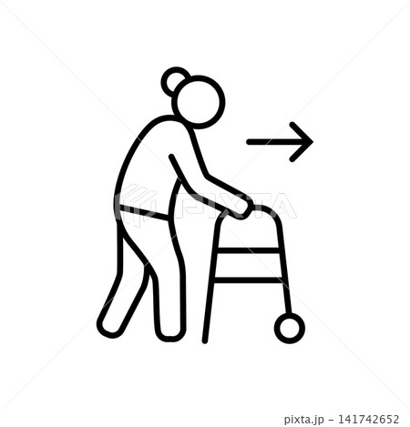 Minimalist line icon depicting a senior person using a walker frame, symbolizing mobility support, independent movement, rehabilitation, and fall safety for elderly care. 141742652