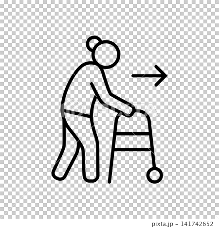 Minimalist line icon depicting a senior person using a walker frame, symbolizing mobility support, independent movement, rehabilitation, and fall safety for elderly care. 141742652
