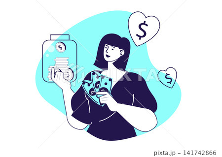 Charity donation modern flat concept for web banner design. Woman holding donation box and putting money, making finance donating for humans support. Illustration with isolated people scene. 141742866