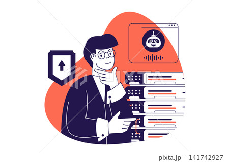 AI data center modern flat concept for web banner design. Man talking with voice assistant and using artificial intelligence technology for computing. Illustration with isolated people scene. AI data center modern flat concept for web banner design. Man talking with voice assistant and using artificial intelligence technology for computing. Illustration with isolated people scene. 141742927