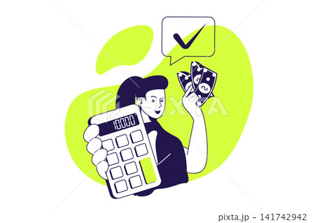 Accounting modern flat concept for web banner design. Woman calculating earning and inspecting financial balance, investing money, using banking. Illustration with isolated people scene. Accounting modern flat concept for web banner design. Woman calculating earning and inspecting financial balance, investing money, using banking. Illustration with isolated people scene. 141742942