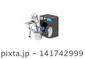 Humanoid robot performing a household chore by taking textile items from a laundry basket and placing them into a washing machine 141742999