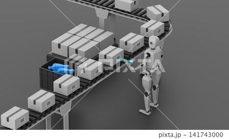 Humanoid robot scanning barcodes on boxes while they are moving on a conveyor belt 141743000