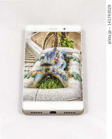 Smartphone Displaying Gaudi Mosaic Dragon Fountain in Park Guell 141743029
