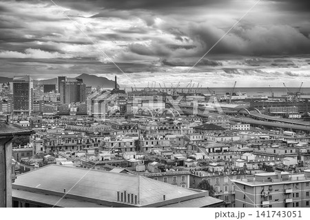 Panorama of Genoa City and Port under a Dramatic Sky 141743051