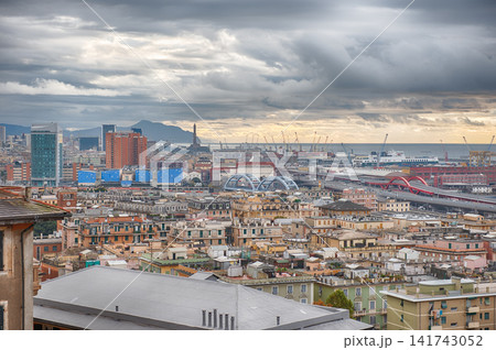 Panorama of Genoa City and Port under a Dramatic Sky 141743052