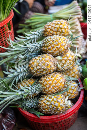 Pile of fresh ripe pineapples stacked in basin selling at street food market in Southeastern Asia. 141743092