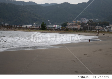 潮が引いた遠浅の海岸と遠くに見える海 141743369