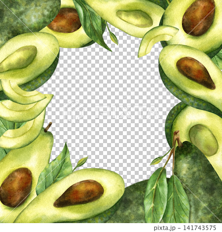 Watercolor avocado square frame card with copy space. Hand painted isolated illustration, template. Whole avocados, cut halves with pits, green leaves. For food design, branding, packaging Watercolor avocado square frame card with copy space. Hand painted isolated illustration, template. Whole avocados, cut halves with pits, green leaves. For food design, branding, packaging 141743575