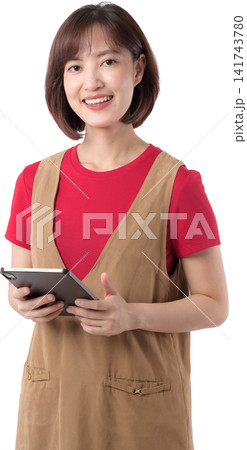 Happy cheerful asian woman holding digital tablet computer isolated clean transparency background showing joyful positive emotion studio 141743780