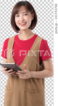 Happy cheerful asian woman holding digital tablet computer isolated clean transparency background showing joyful positive emotion studio Happy cheerful asian woman holding digital tablet computer isolated clean transparency background showing joyful positive emotion studio 141743780