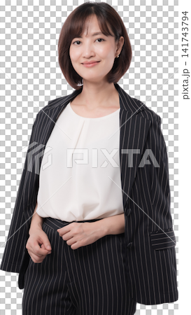 Confident happy asian woman executive standing wearing dark suit showing friendly smile expression isolated transparency background Confident happy asian woman executive standing wearing dark suit showing friendly smile expression isolated transparency background 141743794