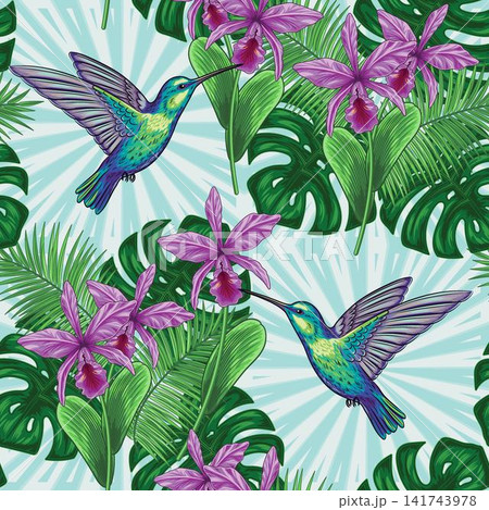 Seamless pattern with hummingbird, orchid, leaves 141743978