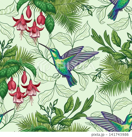 Seamless pattern with colibri, tropical foliage Seamless pattern with colibri, tropical foliage 141743986