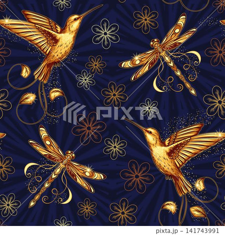 Seamless pattern with golden hummingbird dragonfly Seamless pattern with golden hummingbird dragonfly 141743991