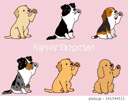 狩猟犬と家庭犬のイラストセット　お手ポーズ　主線あり 141744511